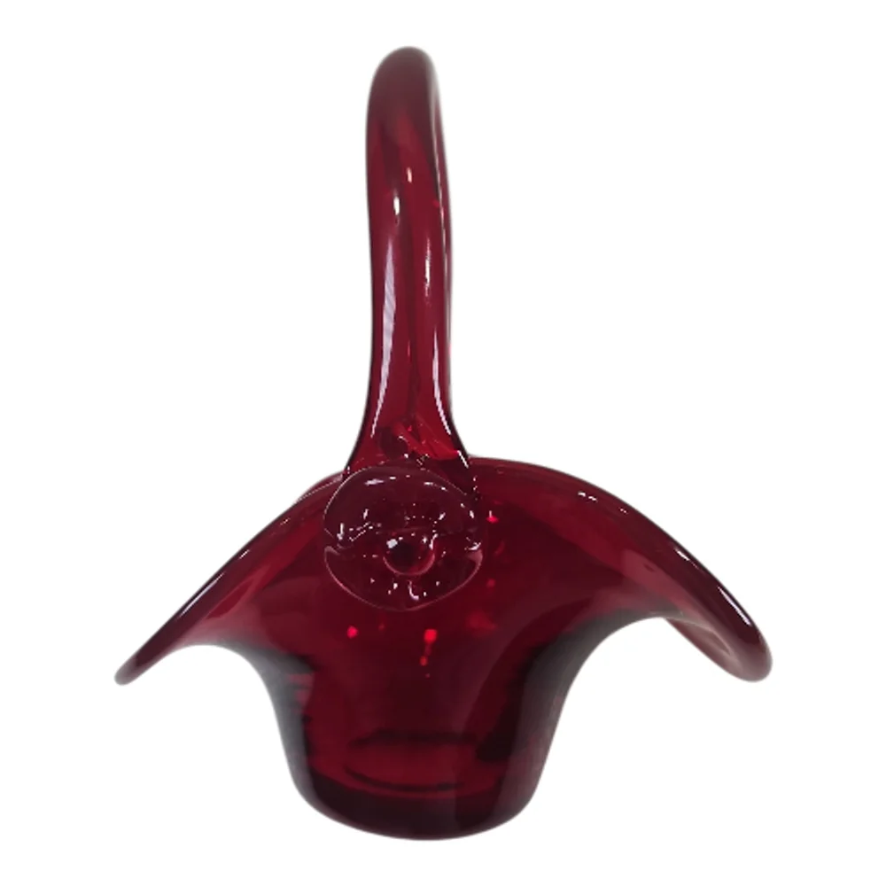 Vintage Red Art Glass Basket Small Hand Blown Style Decorative Display Bowl